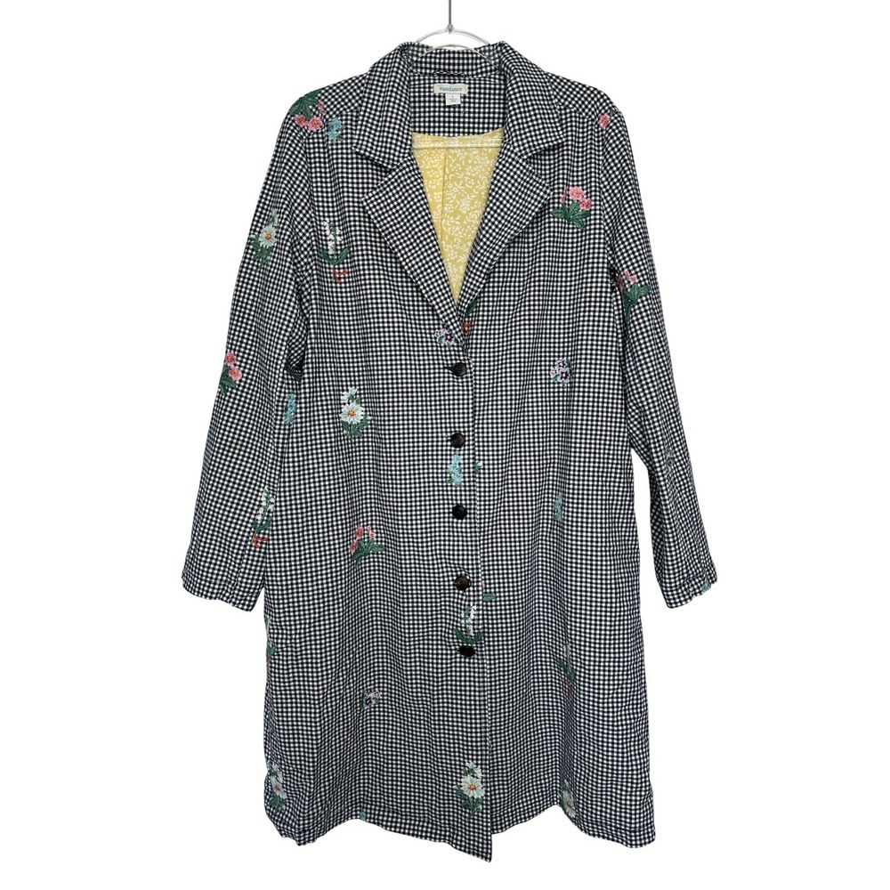 Sundance Trench Jacket Gingham Sz L Navy Floral Embroidered Linen Blend Duster